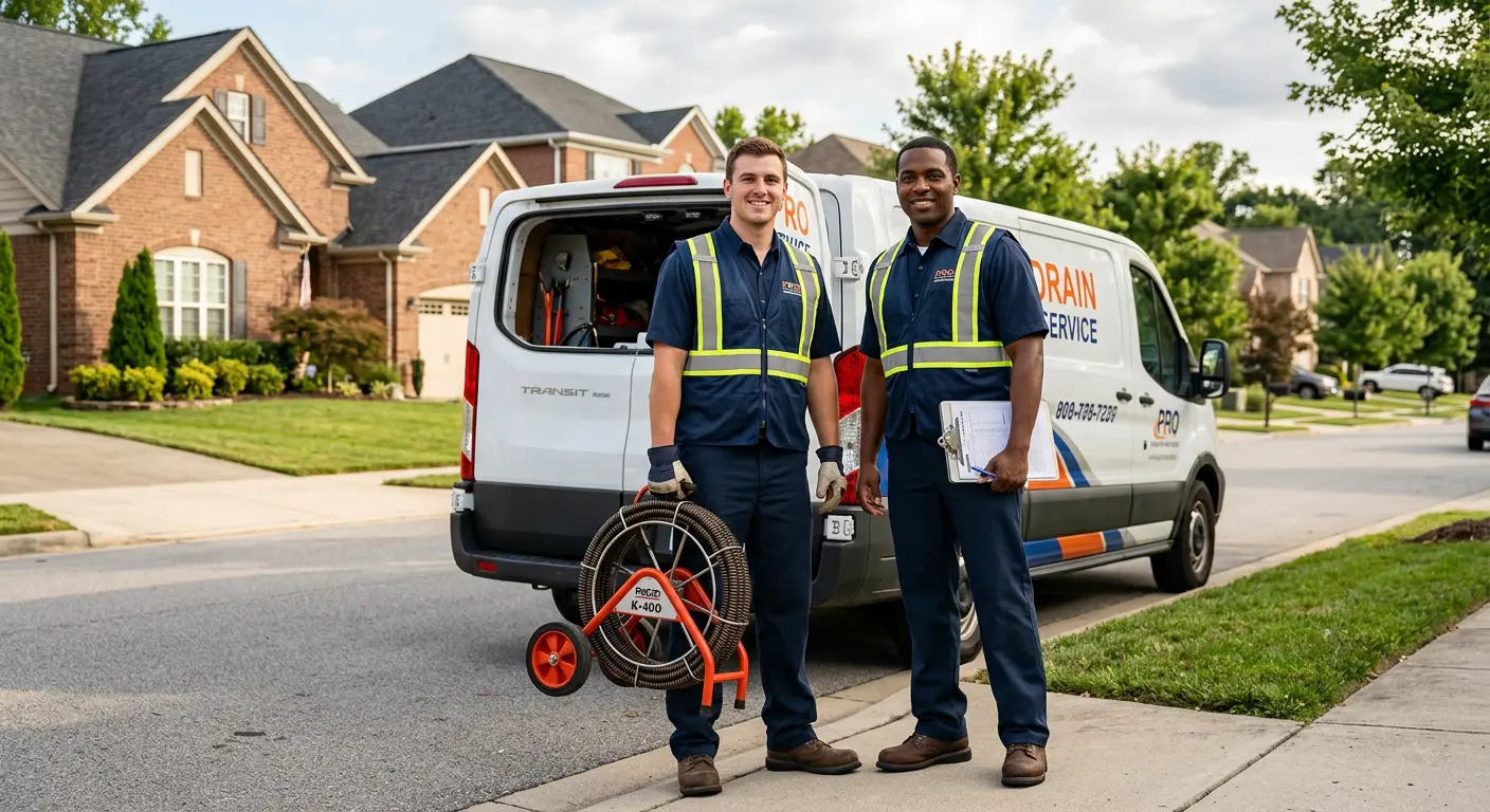 Sewer and drain service team with equipment ready for work in Morehead
