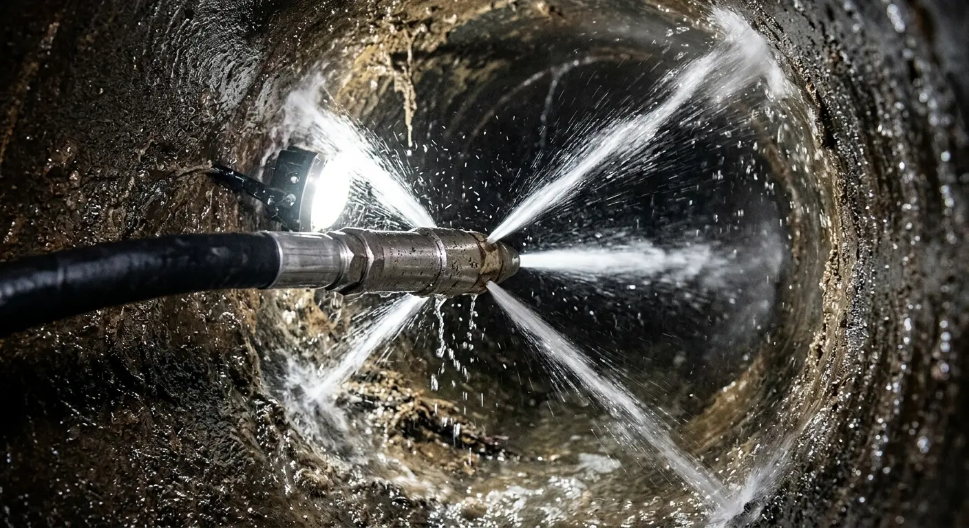 High-pressure hydro jetting nozzle cleaning sewer pipe for Emergency Drain Service in Morehead