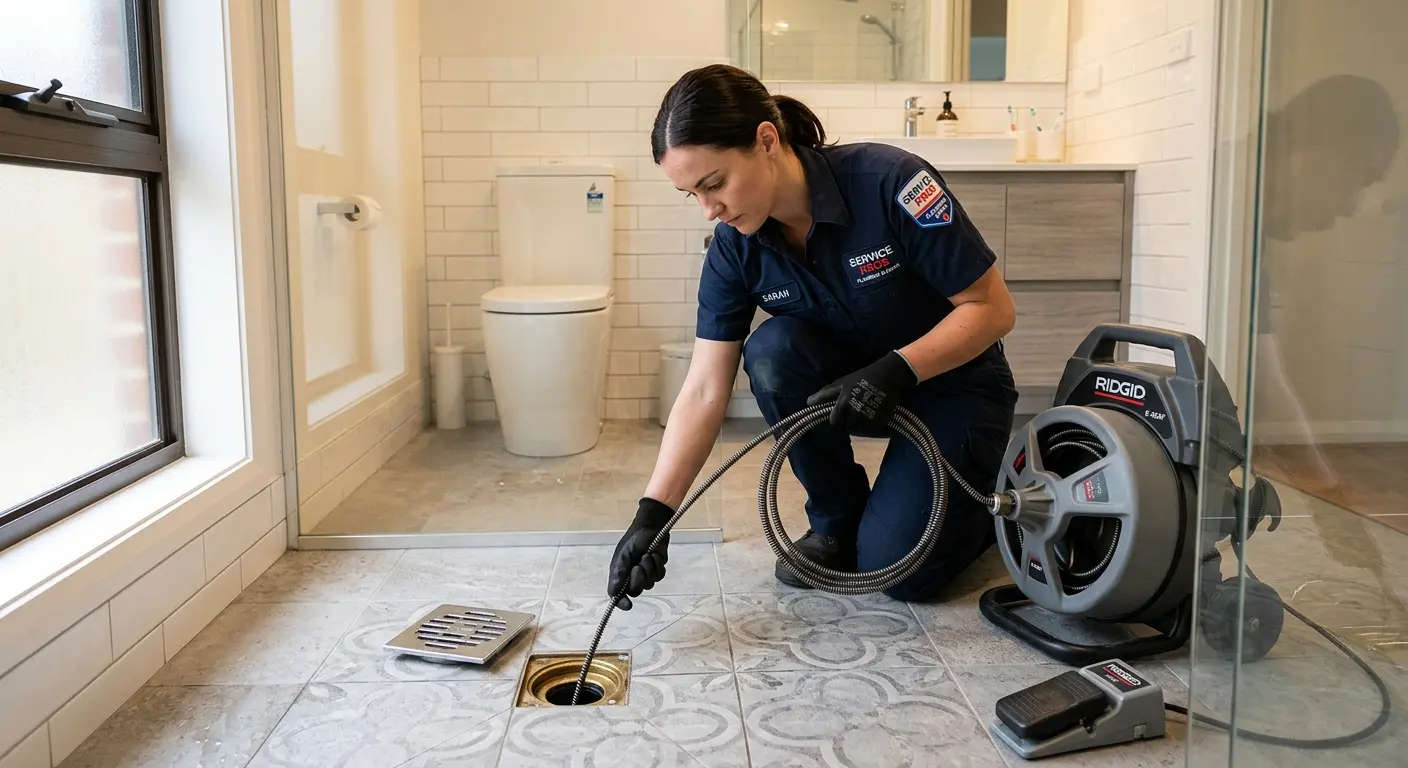 Technician clearing a bathroom floor drain for Hydro Jetting in Morehead